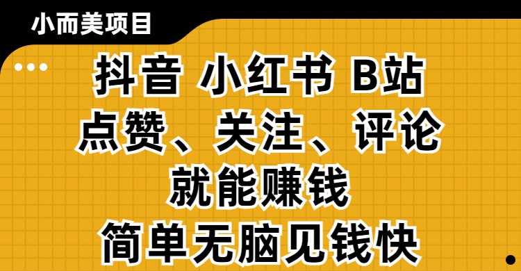 小而美的项目，抖音、小红书、B站视频点赞、关注、评论就能赚钱，简单无脑立见收益!妥妥的零撸项目-网创智库