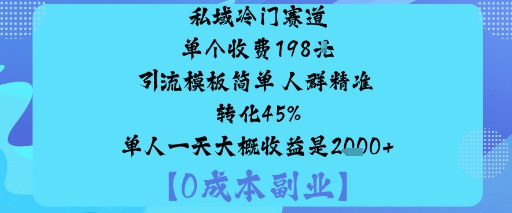 私域冷门赛道:单个收费198米引流模板简单人群精准转化45%单人一天大概收益是1k+-网创智库